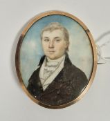 Regency portrait miniature of a gentleman, watercolour on ivory, painted three-quarter length