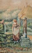 Unattributed Watercolour drawing  Edwardian girl at water pump, 20cm x 12cm  F J Heywood Watercolour