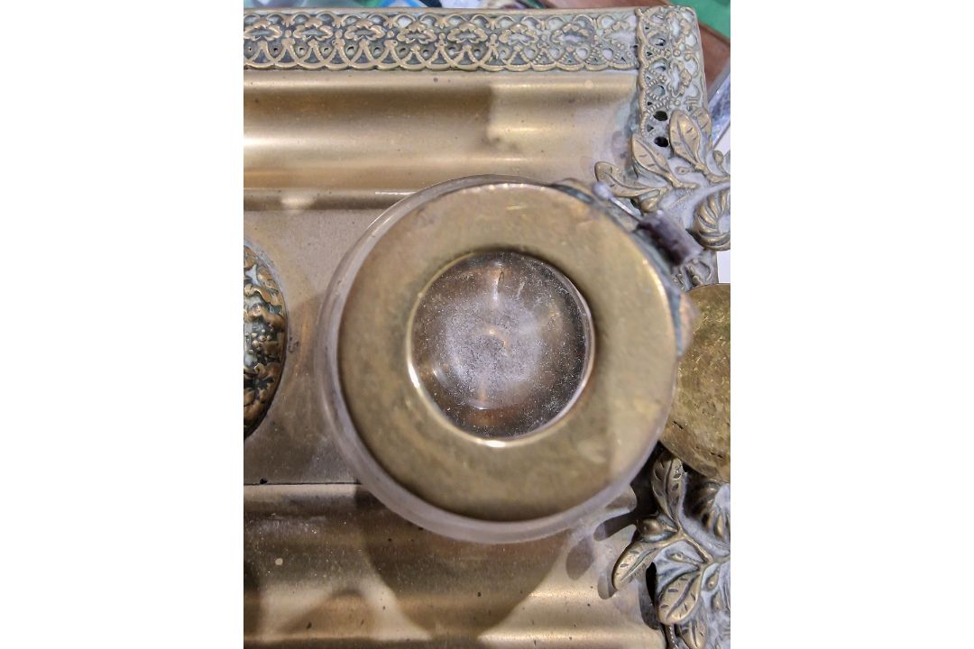 Late Victorian/early Edwardian brass inkstand with two brass-topped glass inkwells, flanked by a - Image 6 of 10