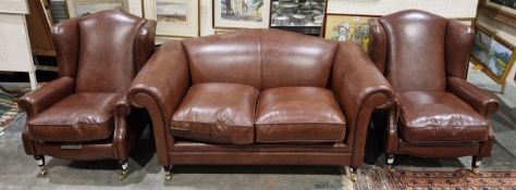Brown leather two-seater 'Southwold' sofa and two armchairs by Laura Ashley Home, sofa 165cm x
