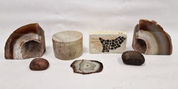 Two polished agate geodes, largest 16.5cm high and other items including a small section of a