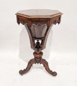 Victorian rosewood work table of octagonal form, the lid opening to reveal a fitted interior with