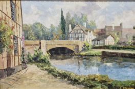 C Wiegman  Oil on canvas River landscape with bridge and half timbered buildings, signed lower
