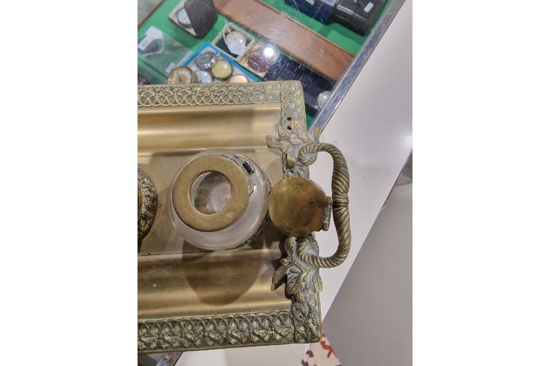 Late Victorian/early Edwardian brass inkstand with two brass-topped glass inkwells, flanked by a - Image 3 of 10
