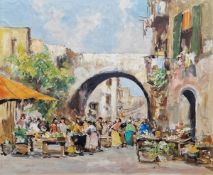 Cordet  Oil on canvas board Busy continental market scene with figures, signed lower left, 50cm x