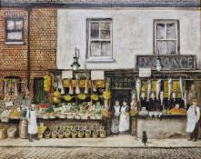 S Garbutt  Oil on board 19th century greengrocer's shop front with staff, signed lower left, 39.