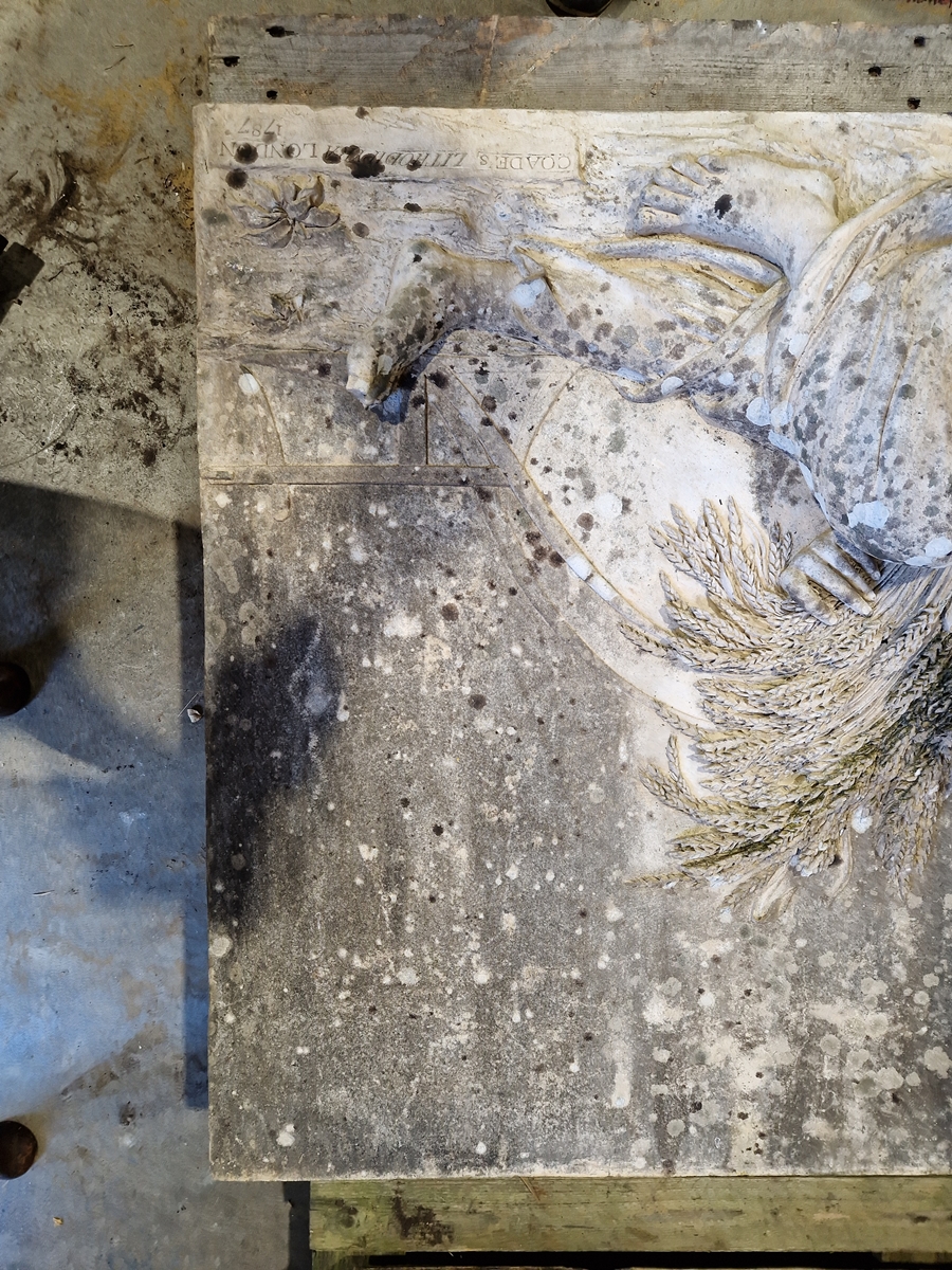 Pair of Coade stone, moulded relief panels, titled “Agriculture” and “Navigation” based on designs - Image 5 of 22