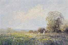 Mel Briggs Oil on board Flower meadow under a blue sky and with three figures, signed lower left,
