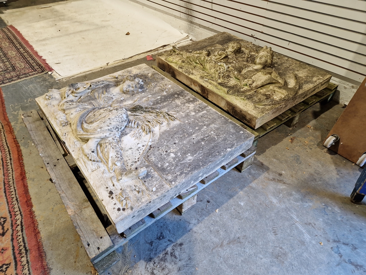 Pair of Coade stone, moulded relief panels, titled “Agriculture” and “Navigation” based on designs - Image 17 of 22