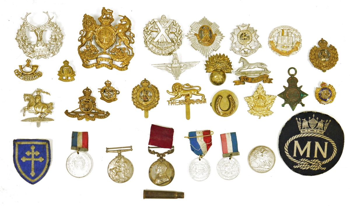 Collection of naval gilt-brass buttons, assorted regimental badges, medals and ephemera to include