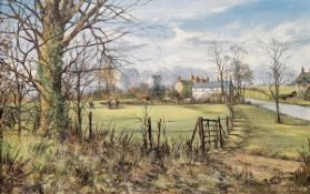 Hallard Oil on canvas Riverside country landscape with buildings and horses in paddock, signed lower