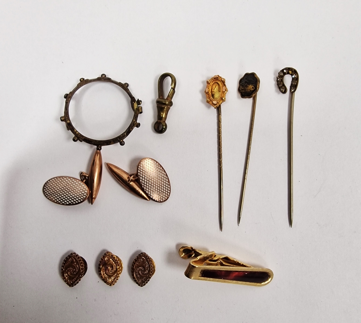 Three stickpins, cased, three gold-coloured metal collar studs, cased and two gold-coloured metal - Image 2 of 2