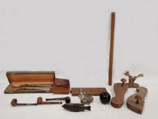 Pair of cased horn silver-plated mounted servers, an antler-mounted set of olive sticks, a pair of