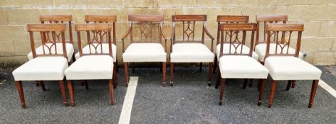 Set of ten Regency mahogany dining chairs, the bar backs crossbanded and inlaid with key pattern,