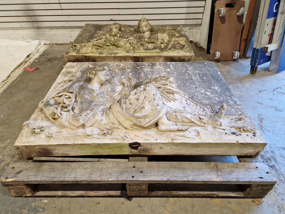 Pair of Coade stone, moulded relief panels, titled “Agriculture” and “Navigation” based on designs - Image 7 of 22
