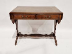 Reproduction walnut sofa table, the top with gilt tooled leather insert and two short drawers to the
