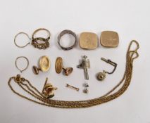 Pair of gold-coloured square cufflinks, engraved and sundry other jewellery items