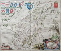 Johannes Blaeu  Old engraved map of Northamptonshire, handcoloured and with large decorative
