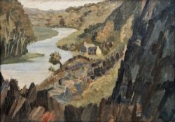 20th century school Oil on canvas River landscape with dwellings, unsigned, framed, 25.5cm x 36cm