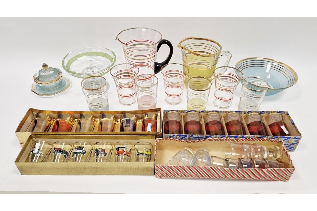 Group of mid-century lemonade sets and boxed tumblers, including a lemonade set with gilt bands