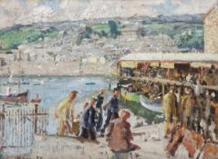 Attributed to Harold Charles Francis Harvey (British 1874-1941) Oil on canvas Figures on a Quay,