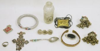 Collection of costume jewellery and other items within an Burmese red lacquered jewellery box to