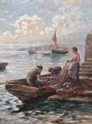 John Bates Noel (1870-1927) Oil  Harbour scene with boat and three figures sorting the nets,