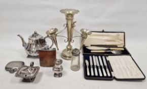 Silver-plated four-section epergne, cream-handled fish servers, cased, a silver-plated teapot and
