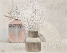 Lee Reynolds Burr (1936-2017)  Oil on canvas Still life with vases of honesty, signed lower left,