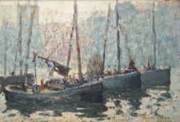 Richard Hayley Lever (American, 1876-1958) Oil on panel  St Ives harbour scene with boats in