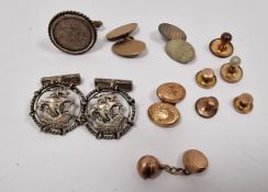 Sundry gold single cufflinks and collar studs, and a pair of silver-coloured metal ship-pattern
