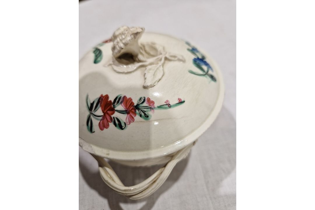 Late 18th century creamware two-handled sugar bowl and cover, perhaps Leeds, painted with rose and - Image 3 of 24