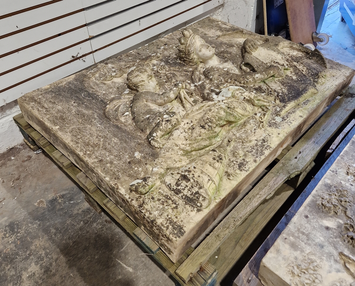 Pair of Coade stone, moulded relief panels, titled “Agriculture” and “Navigation” based on designs - Image 11 of 22