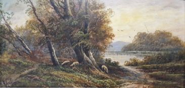 H Graham  Pair oils on canvas  Autumnal woodland lakeside scenes with female figure and sheep,