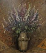 After Kolomann Moser oil on canvas Still life, jug of lupins, bearing facsimile signature, 76cm x