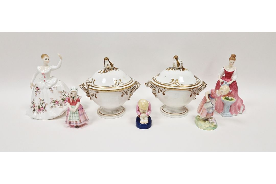 Pair of 19th century Derby porcelain two-handled rocaille moulded sauce tureens and covers, and four - Image 1 of 5