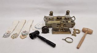 Late Victorian/early Edwardian brass inkstand with two brass-topped glass inkwells, flanked by a