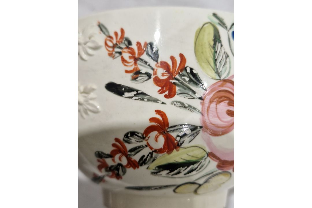 Late 18th century creamware two-handled sugar bowl and cover, perhaps Leeds, painted with rose and - Image 11 of 24