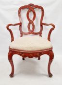 Set of six mid-18th century Italian red painted chairs, with interlaced pierced splat backs and
