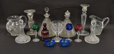 Assorted 19th and 20th century cut glass including a pair of diamond-cut conical decanters with