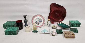 Collection of polished malachite boxes in sizes, various Austrian enamelled cups, stands and