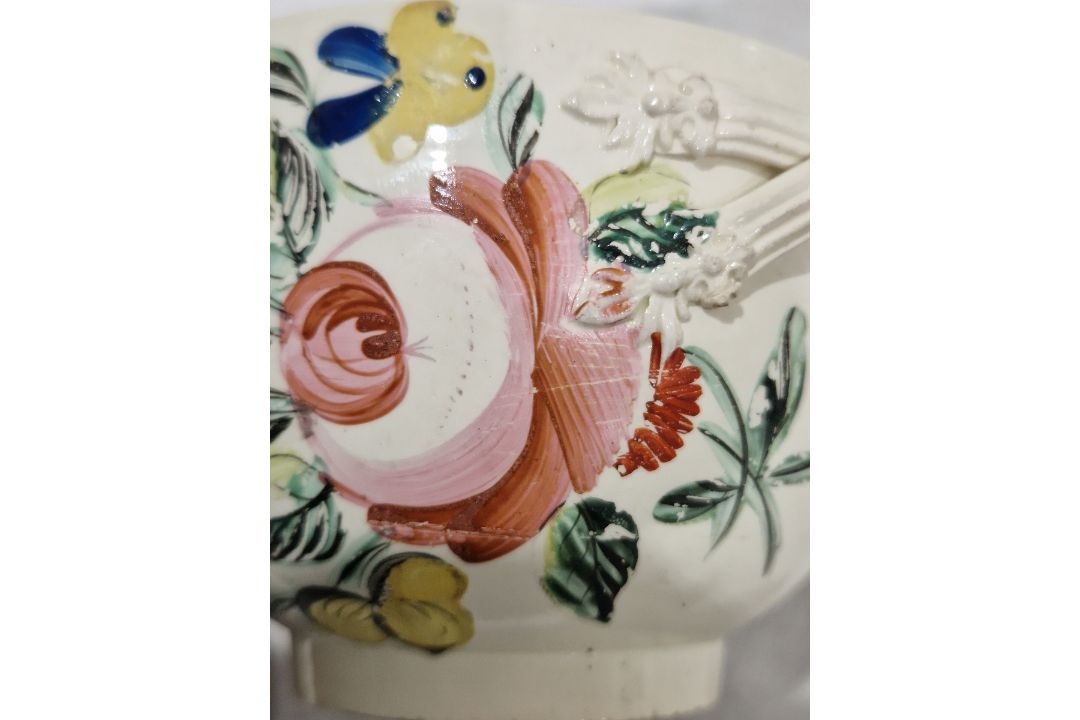 Late 18th century creamware two-handled sugar bowl and cover, perhaps Leeds, painted with rose and - Image 9 of 24