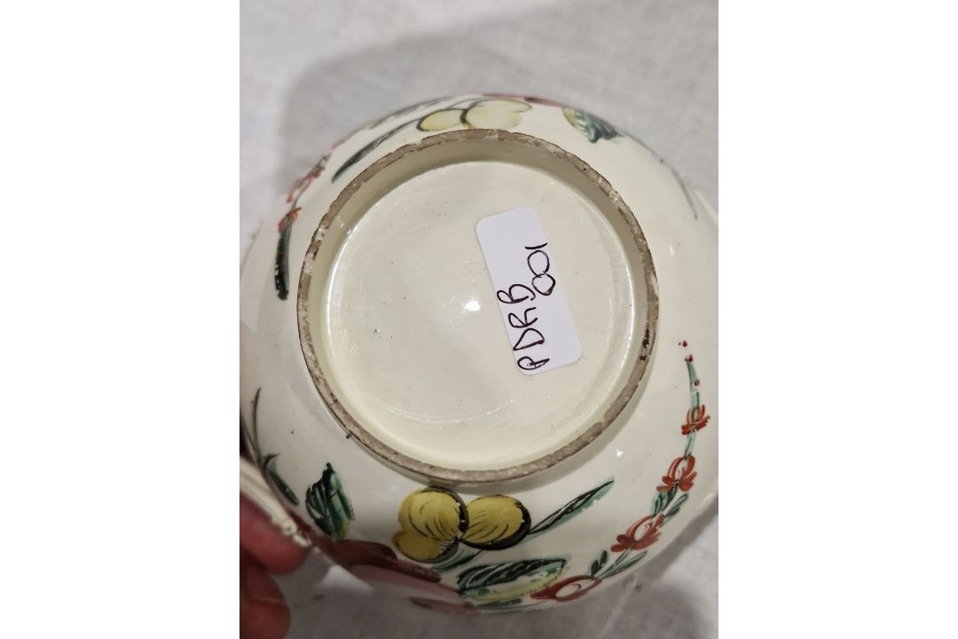 Late 18th century creamware two-handled sugar bowl and cover, perhaps Leeds, painted with rose and - Image 13 of 24