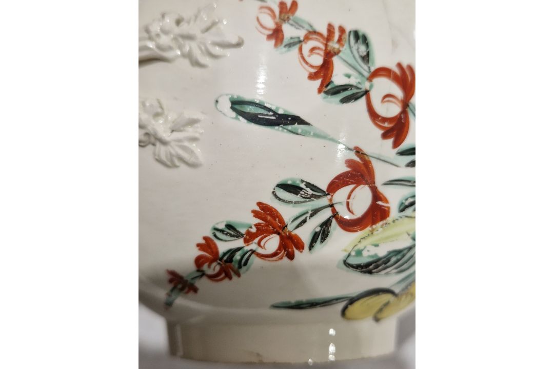Late 18th century creamware two-handled sugar bowl and cover, perhaps Leeds, painted with rose and - Image 10 of 24