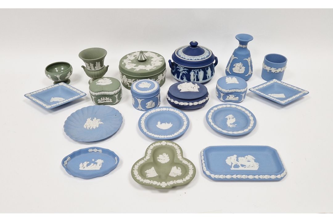 Collection of Wedgwood Jasperware, 20th century, various impressed factory marks, including sage