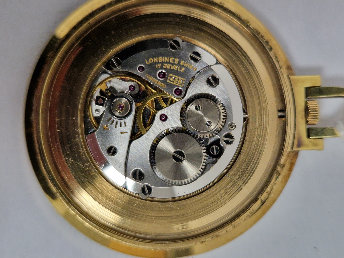 Longines open-face gold-plated pocket watch, the gold coloured circular dial having raised gilt - Image 4 of 5
