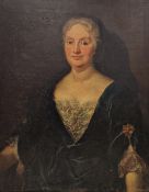 18th century school Oil on canvas Portrait of an elderly lady wearing a green silk dress with