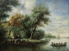 20th century school Oil on canvas Dutch-style waterside scene with figures, boats and horses in