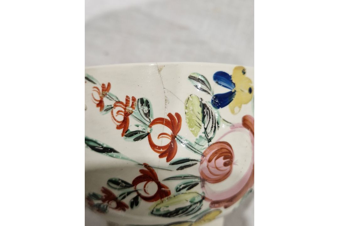Late 18th century creamware two-handled sugar bowl and cover, perhaps Leeds, painted with rose and - Image 8 of 24