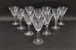 10 Waterford 'Sheila' pattern wine glasses, each conical bowl panel cut, on faceted stems,